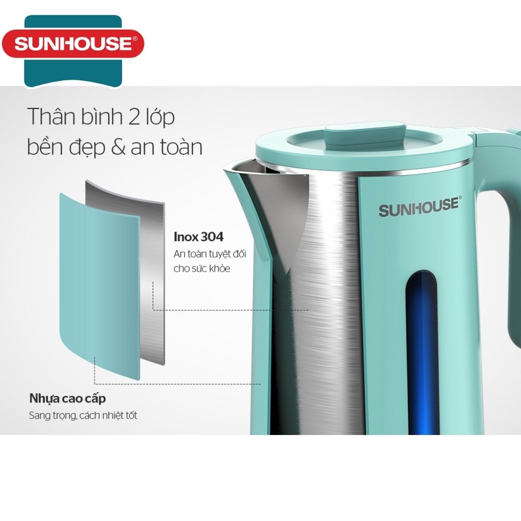 Bình đun nước siêu tốc Sunhouse chính hãng SHD1351 - Ấm siêu tốc inox 2 lớp, dung tích 1,8 lit , bảo hành 12 tháng