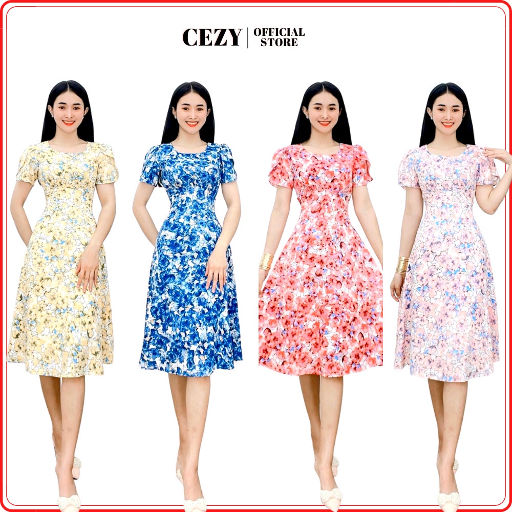 Đầm hoa tay phồng dáng xòe có size bigsize D65