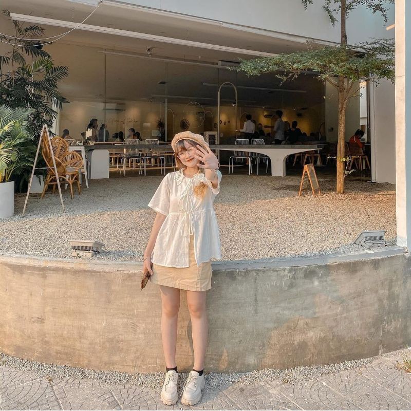 set áo line trắng thắt nơ kèm chân váy nude ullzang có bán lẻ