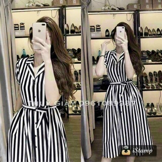 🌹🌹đầm sọc cổ sơ mi tay ngắn cài nút có thắt lưng