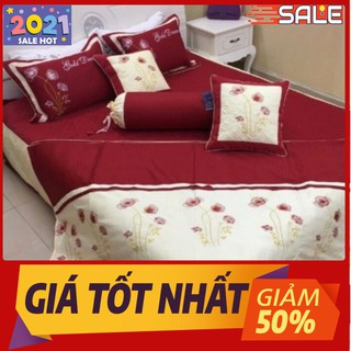Bộ chăn ga gối cưới satin thêu hoa 7 món cao cấp