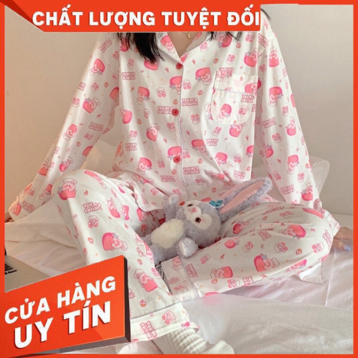 Set đồ ngủ Pyjama dài hoạ tiết nấm lùn hồng Basic hàn quốc - Hàng nhập khẩu