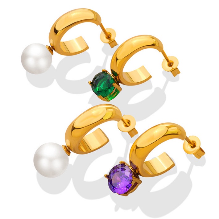 Bông Tai Nữ 1 Bên Ngọc Trai Nhân Tạo 1 Bên Đá Nhân Tạo Titan Ko Han Rỉ TT 4357