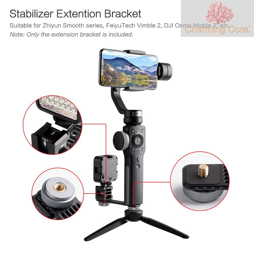 CTOY Universal Aluminium Alloy Gimbal Extention Bar Bracket Adapter with 4 Cold Shoe Mount 1/4 Inch Screw Adapter for LED Video Light Microphone for Zhiyun Smooth Series FeiyuTech Vimble 2 DJI Osmo Mobile 2 Gimbal Handheld St
