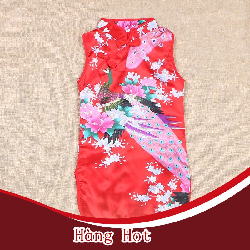 Sườn Xám In Hình Chim Công Thời Trang Cho Bé Gái (1 Tuổi)