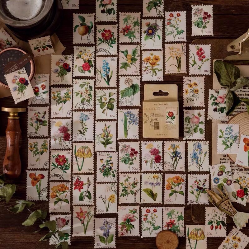 Hộp 46 sticker hoa vintage, tem thư, nhãn dán trang trí