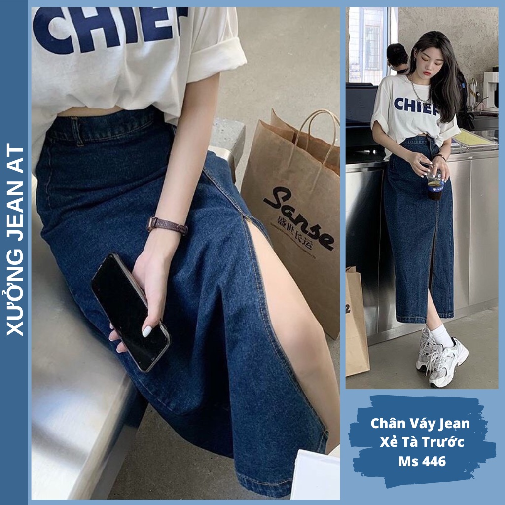 Chân Váy Jean Dài Xẻ Tà Trước Lưng Cao Màu Xanh Đậm Dáng Chữ A - Váy Bò Dài Cạp Cao Phong Cách Ulzzang 446