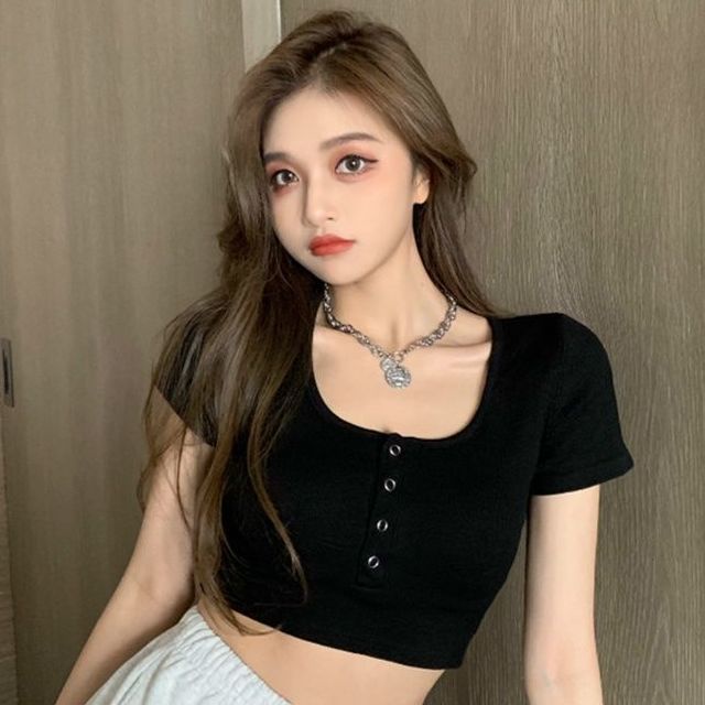 Áo Thun Croptop Tay Ngắn Dáng Ôm Màu Trơn Plus Size S-2XL Phong Cách Hàn Quốc Thời Trang Quyến Rũ Cho Nữ