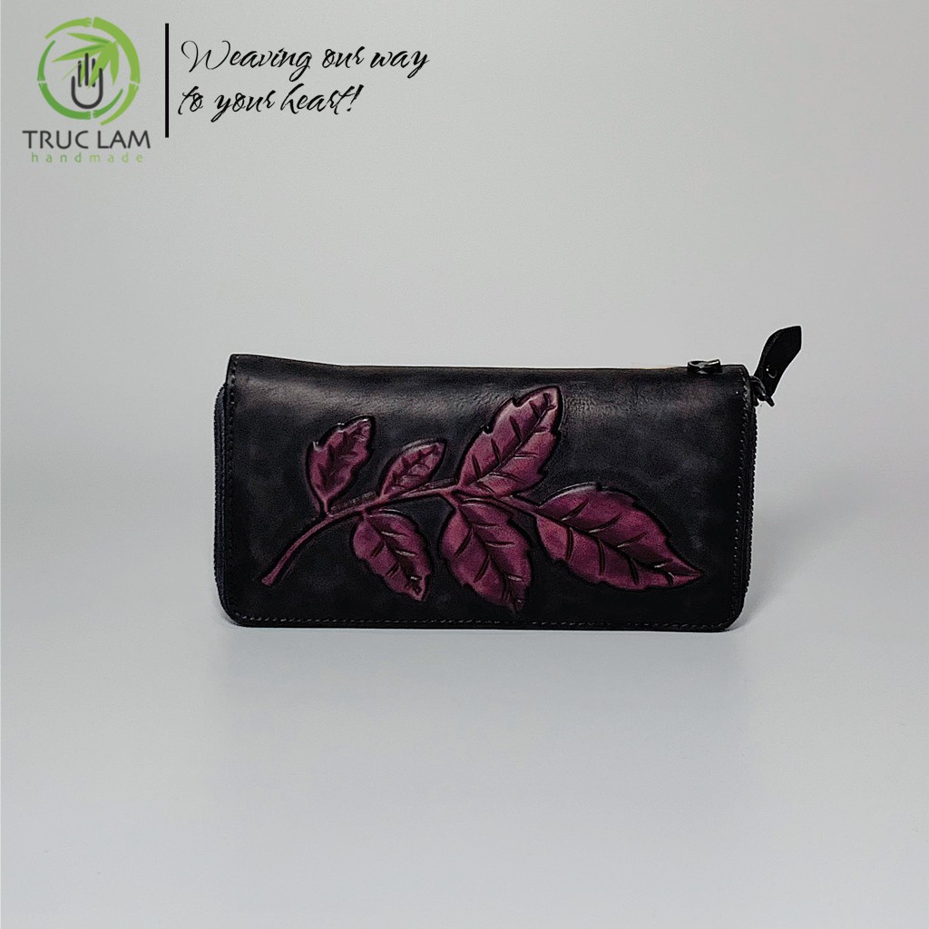Ví Dài Cầm Tay Thời Trang Nữ Da Thật Cao Cấp Có Khóa Kéo Họa Tiết Cành Lá – Trúc Lâm Handmade