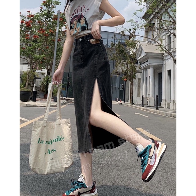 Chân váy bò dài xẻ mác nâu