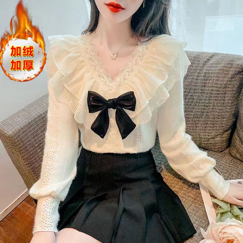 Áosơ mi da lộn cổ chữ V phối bèo nhún đính nơ thời trang mùa đông 2021 cho nữ