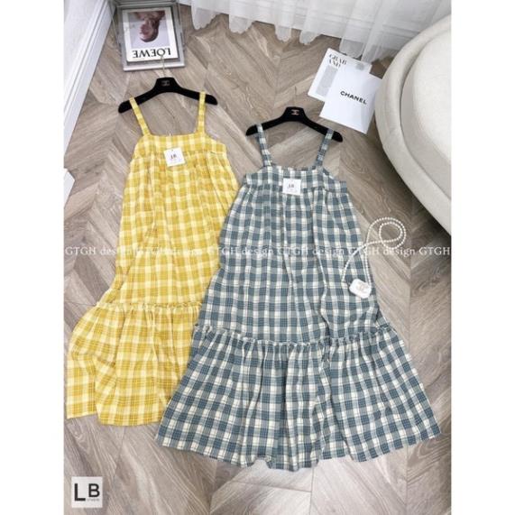 ￼Váy bầu kẻ cổ vuông 2 dây Xuân hè .đầm bầu đuôi cá kẻ caro mềm mát