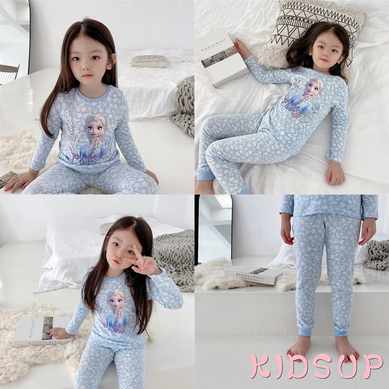 Bộ đồ ngủ 2 món gồm áo tay dài cổ tròn in họa tiết hoạt hình + quần dài cho bé gái