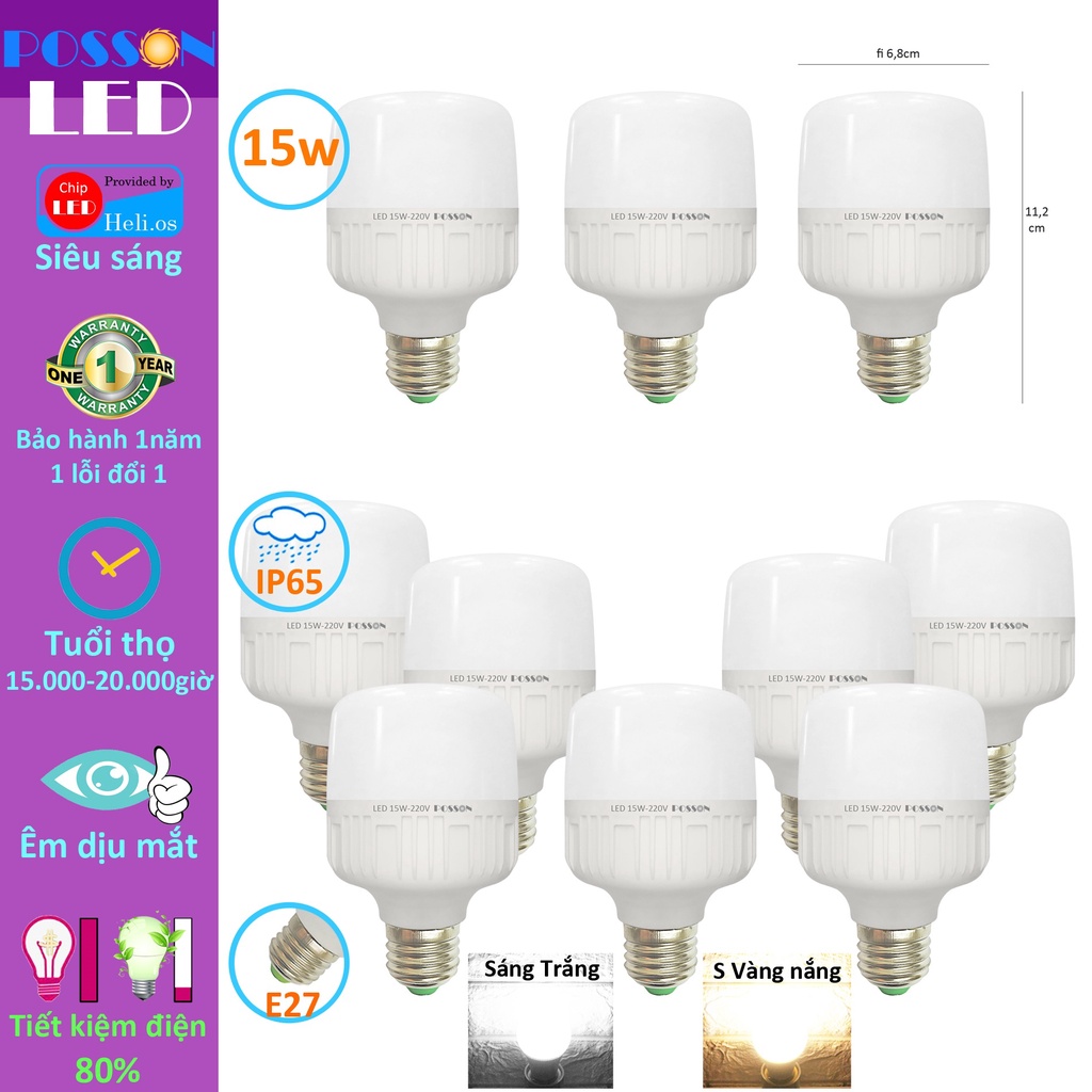 Combo 50 Bóng đèn Led trụ 15w bup trụ T70 bulb tiết kiệm điện siêu sáng kín chống nước