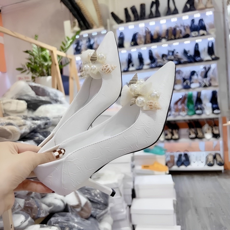 Giày cao gót nữ bít mũi 7 phân ốc hoa, giày dép nữ hoa ốc 7 phân mã CD62