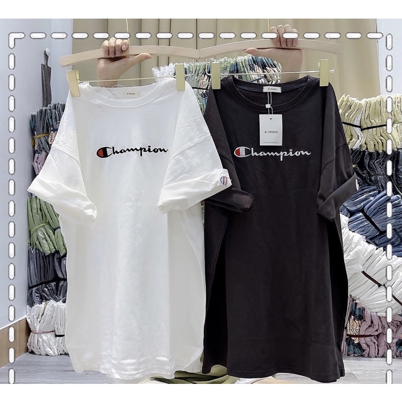 Áo phông tay lỡ chữ champi form rộng