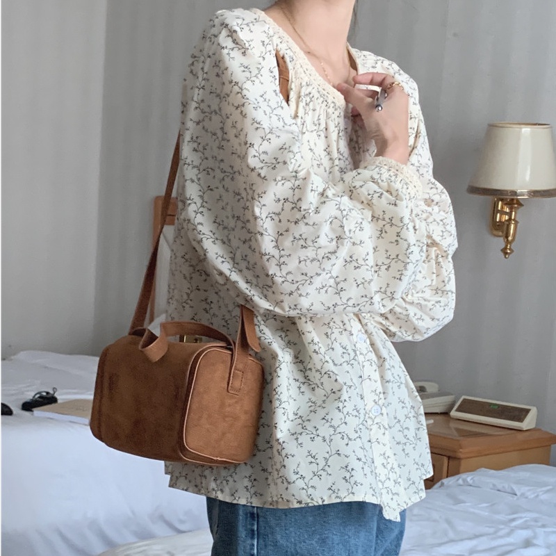 Áo sơ mi SUXI tay dài dáng rộng họa tiết hoa cổ điển phong cách Hàn Quốc thời trang dành cho nữ