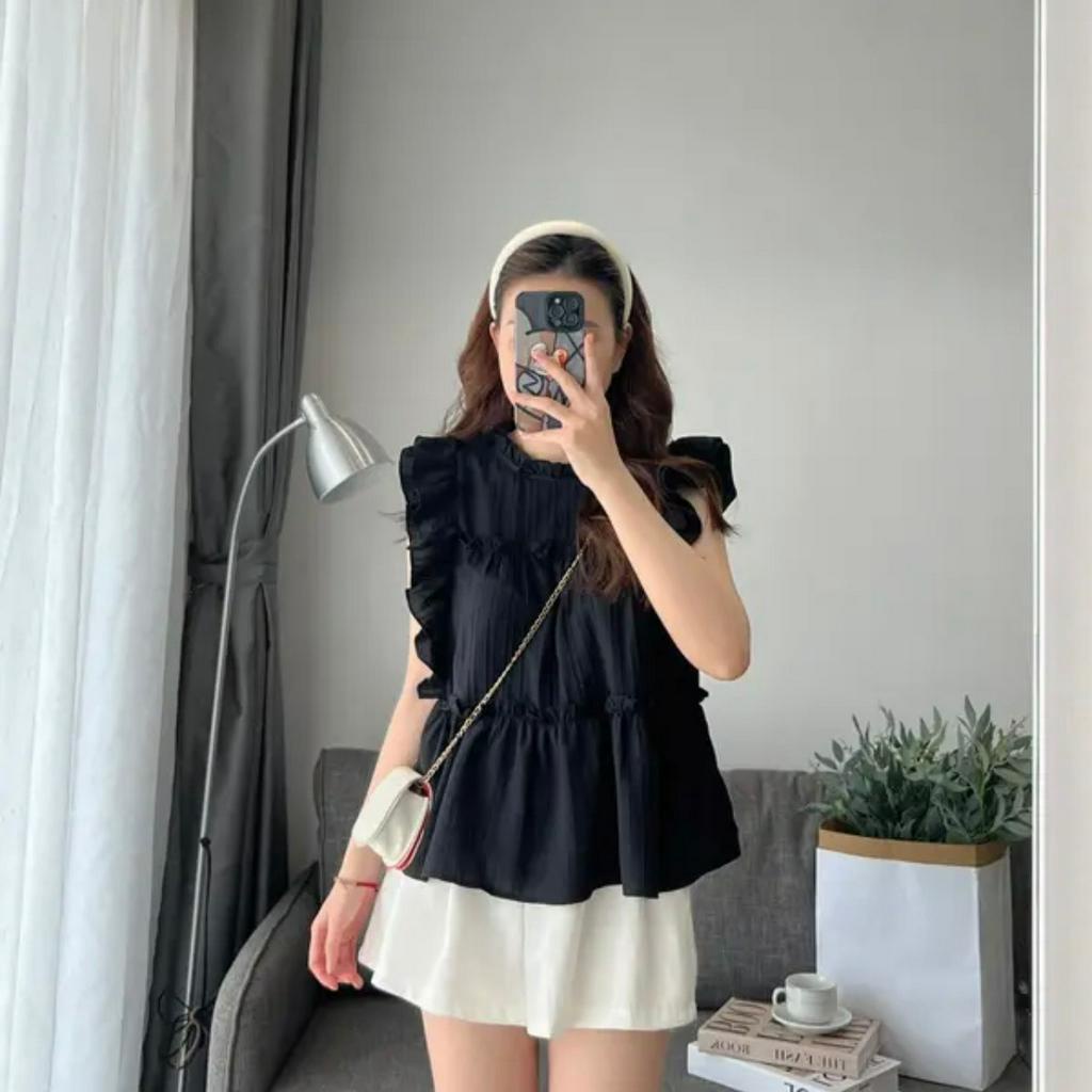 Áo kiểu babydoll xếp tầng cổ tròn phối bèo dễ thương thời trang mùa hè M209