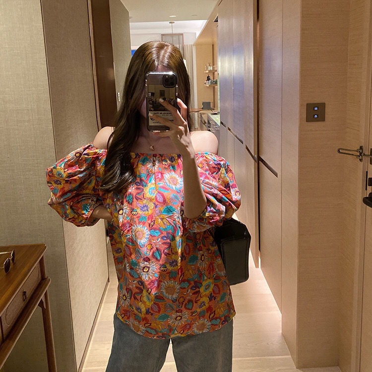 Áo Trễ Vai Tay Phồng Họa Tiết Hoa Hướng Dương Thời Trang Phong Cách Hàn Quốc Mới Cho Nữ