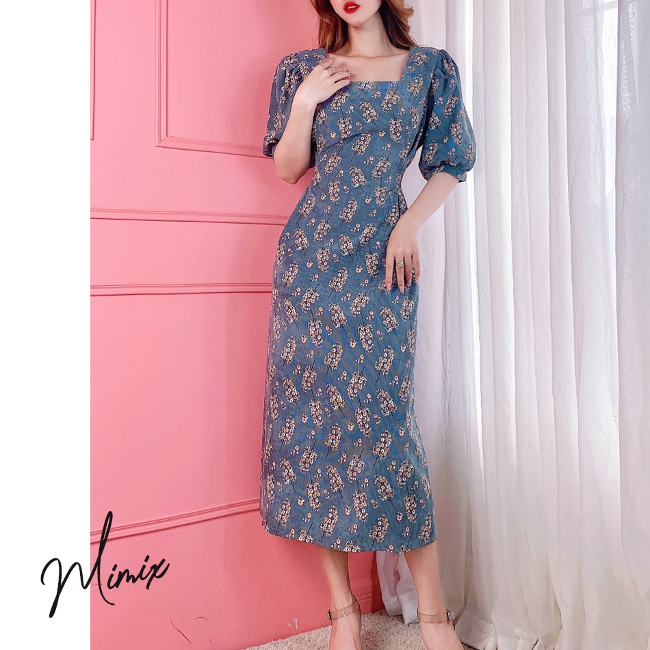 Đầm hoa nhí nhung tăm cổ vuông MIMIX BN6185