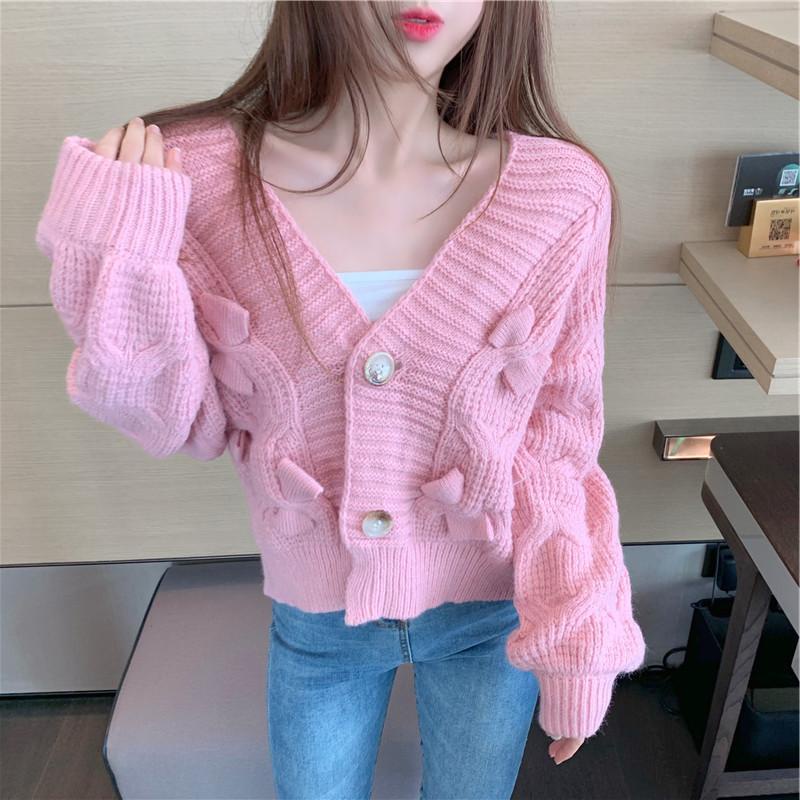 Áo khoác cardigan dệt kim dáng rộng mềm phối nơ phong cách mùa thu Hàn Quốc cho nữ