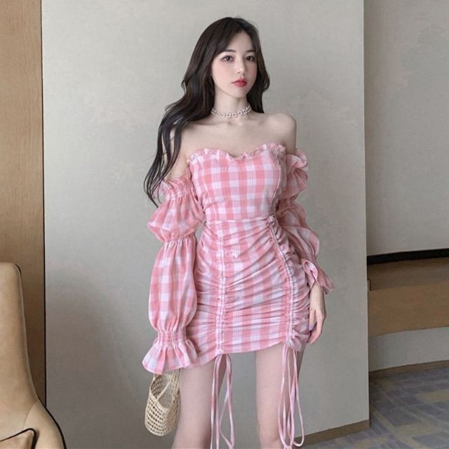 Váy Body Trễ Vai Hồng Caro - Có ảnh thật