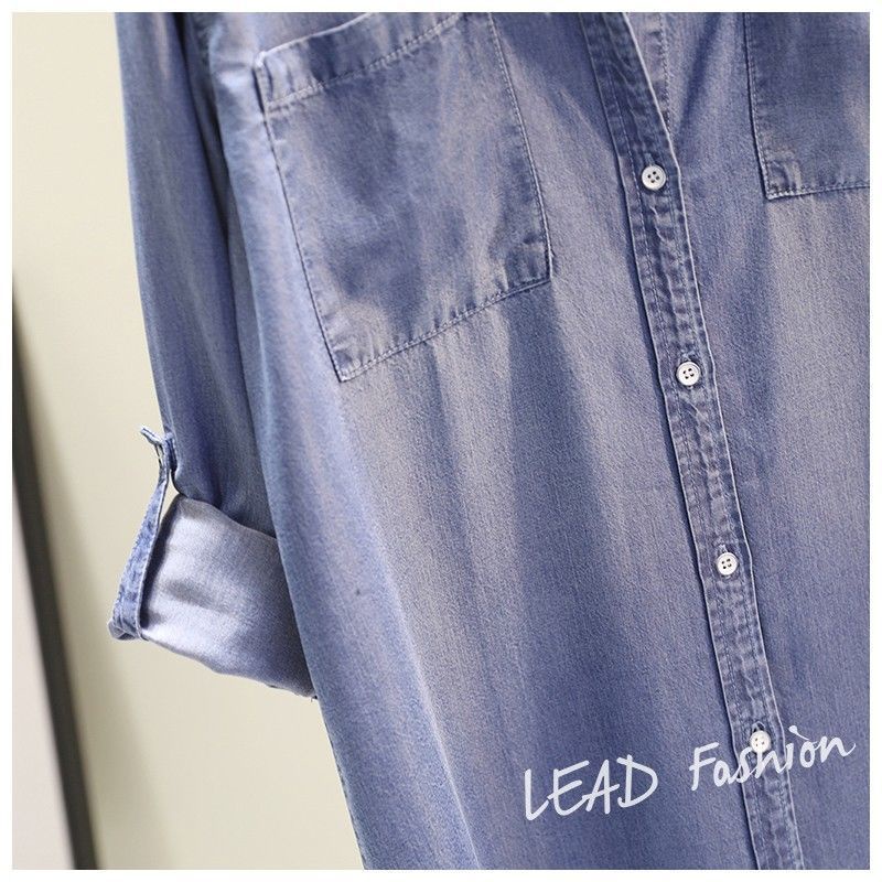 Đầm Sơ Mi denim Dài Vừa Tay Cuộn Hai Túi Thời Trang Xuân Thu Hàng Mới Dành Cho Bạn Nữ 2022