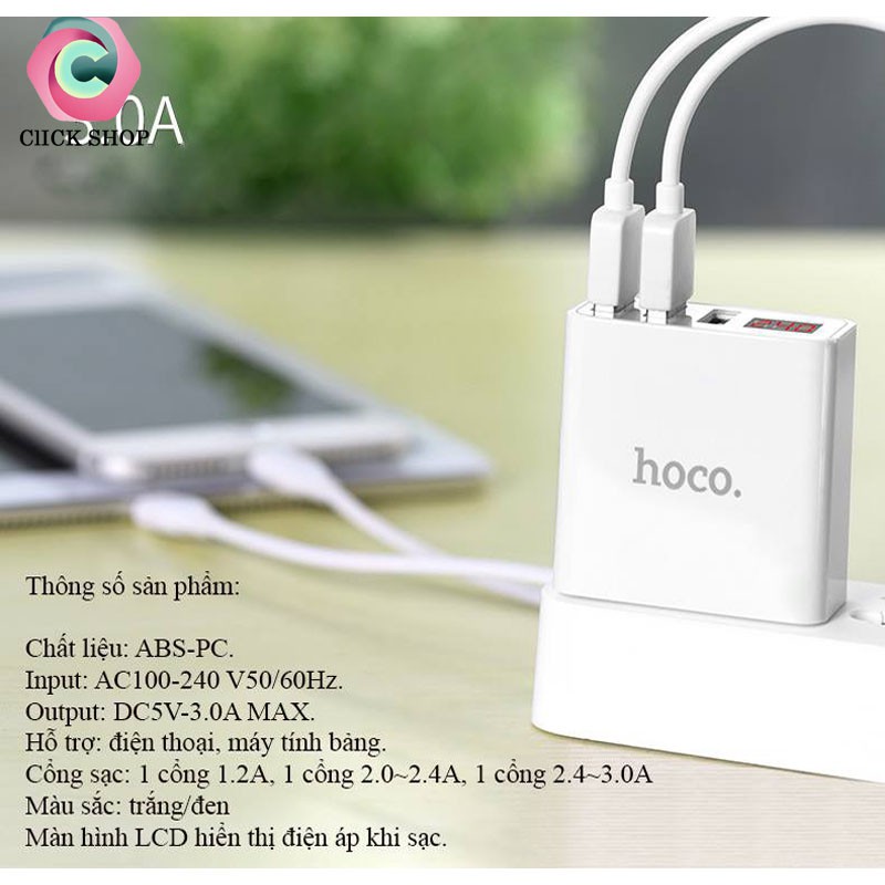 Củ sạc 3 cổng USB Hoco C15 có màn LED hiển thị đo dòng - Hàng Chính Hãng - Ổn định dòng cho Iphone/iPad/Android