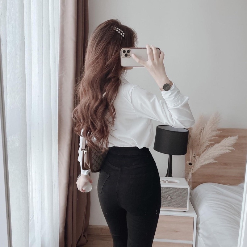 Áo sơ mi trắng nữ dài tay phối sọc ngang kiểu tiểu thư hàn công sở đẹp Áo sơ mi kiểu đi học sinh cổ bẻ đuôi tôm form vừa