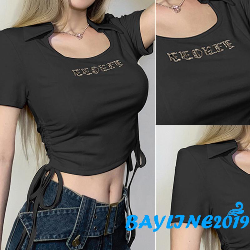 Áo Thun Croptop Ngắn Tay Thêu Chữ Phối Dây Rút Thời Trang Mùa Hè Cho Nữ