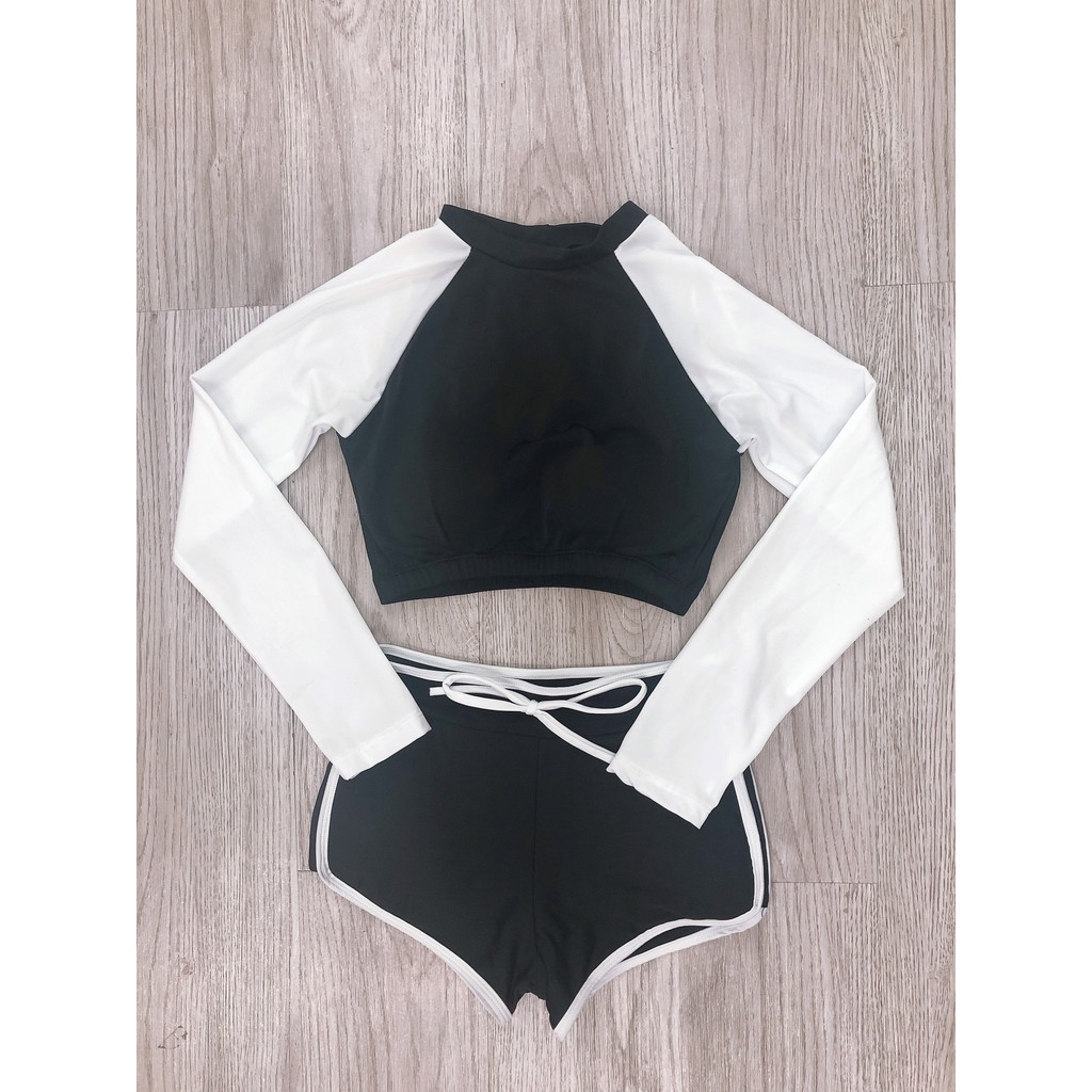 Bikini hai mảnh dài tay đen trắng mặc đi biển đi bơi chống nắng | BigBuy360 - bigbuy360.vn