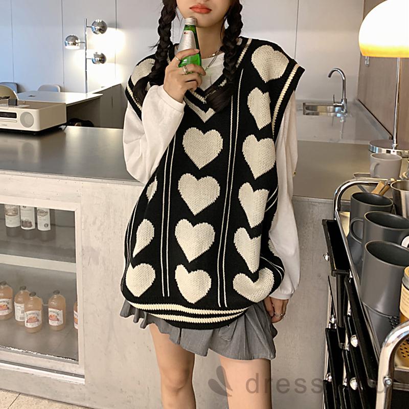 Áo dệt kim sát nách dáng rộng in họa tiết trái tim màu sắc thời trang mùa đông cho nữ