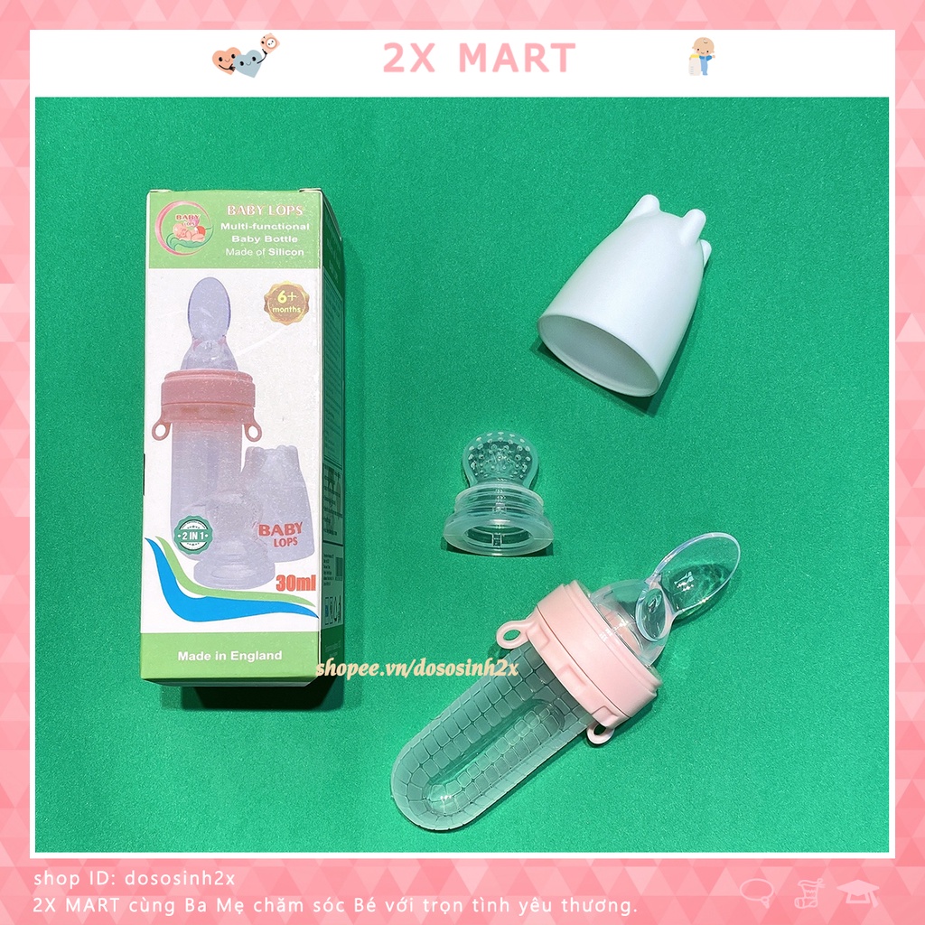 Bình thìa ăn dặm silicon cho bé 2 trong 1 Baby Lops 30ml tặng kèm thìa và núm nhai [Chịu nhiệt 120 độ]