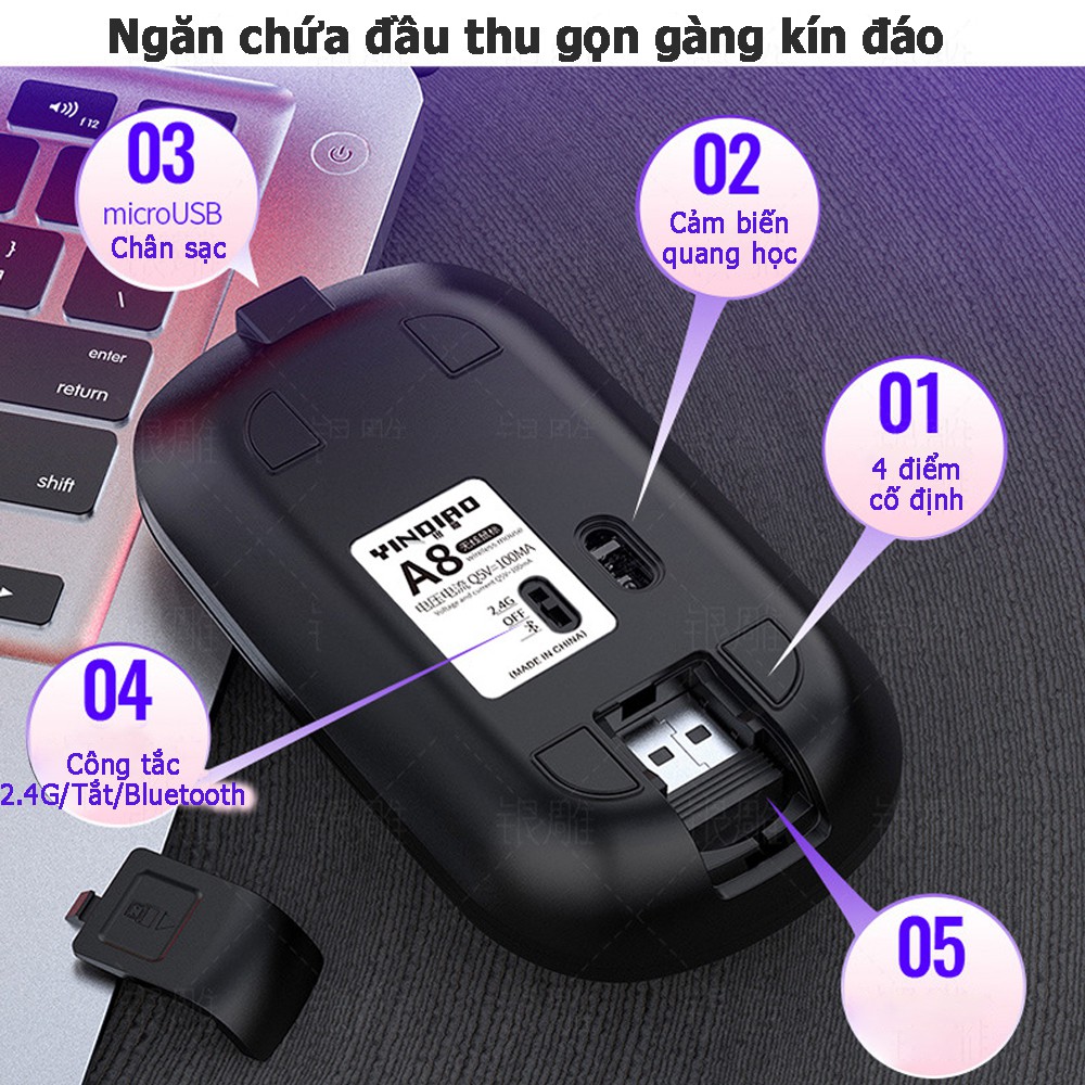 Chuột máy tính A8, chuột không dây có thể sạc pin như điện thoại, kết nối bluetooth và đầu thu USBchuột máy tính