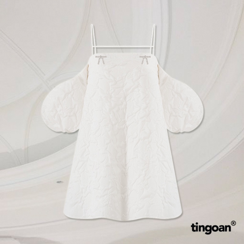 TINGOAN®  - Váy hai dây tay bồng vân hoa 3 lớp dây ngang ngực bồng xòe đính nơ kim loại trắng SLEEPING BEAUTY DRES