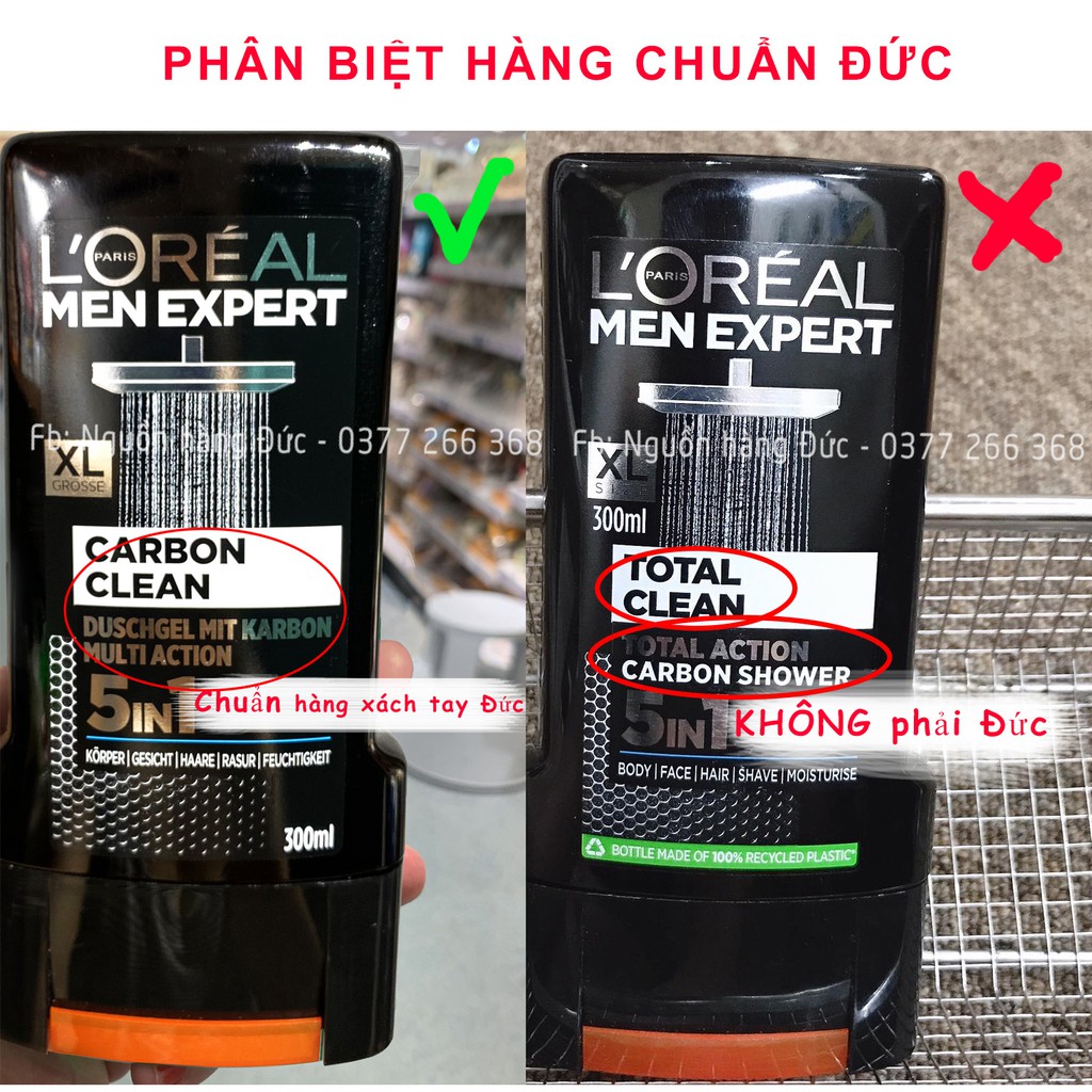 Sữa tắm gội Loreal Men expert chuẩn Đức 5in1 (Tắm - Gội - Rửa mặt - Cạo Râu - Dưỡng Da)- Nguồn hàng Đức