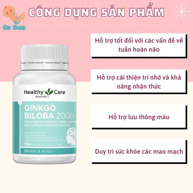 bổ não ginkgo biloba 2000mg Healthy Care của Úc giúp tuần hoàn máu não trí nhớ cho bé từ 12 tuổi và người lớn người già