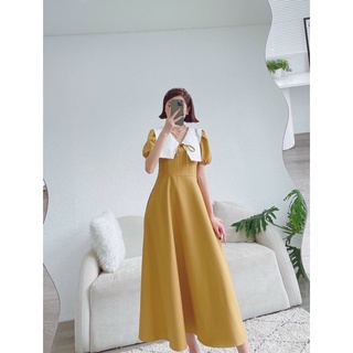 Đầm váy freesize vàng cổ trắng form dài