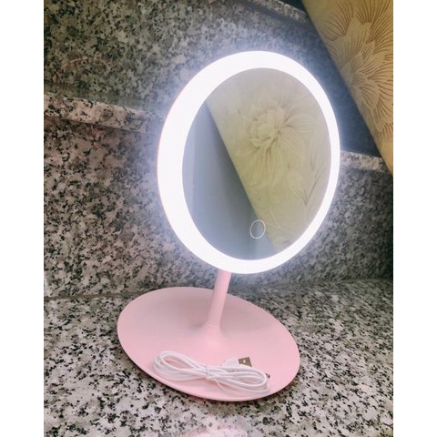 Gương Trang Điểm Có Đèn Led Cảm Ứng 3 Chế Độ Ánh Sáng - Gương MakeUp Tròn Màu Hồng Phấn