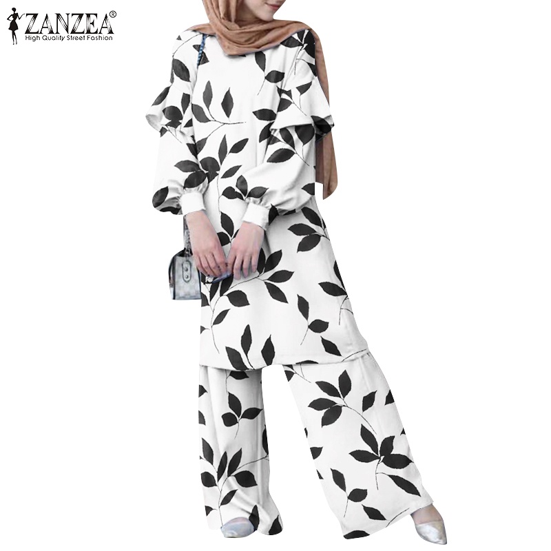 Zanzea Bộ Đồ Hồi Giáo Dáng Thẳng / Xếp Nếp Tay Phồng In Họa Tiết Lá Cây Có Nút