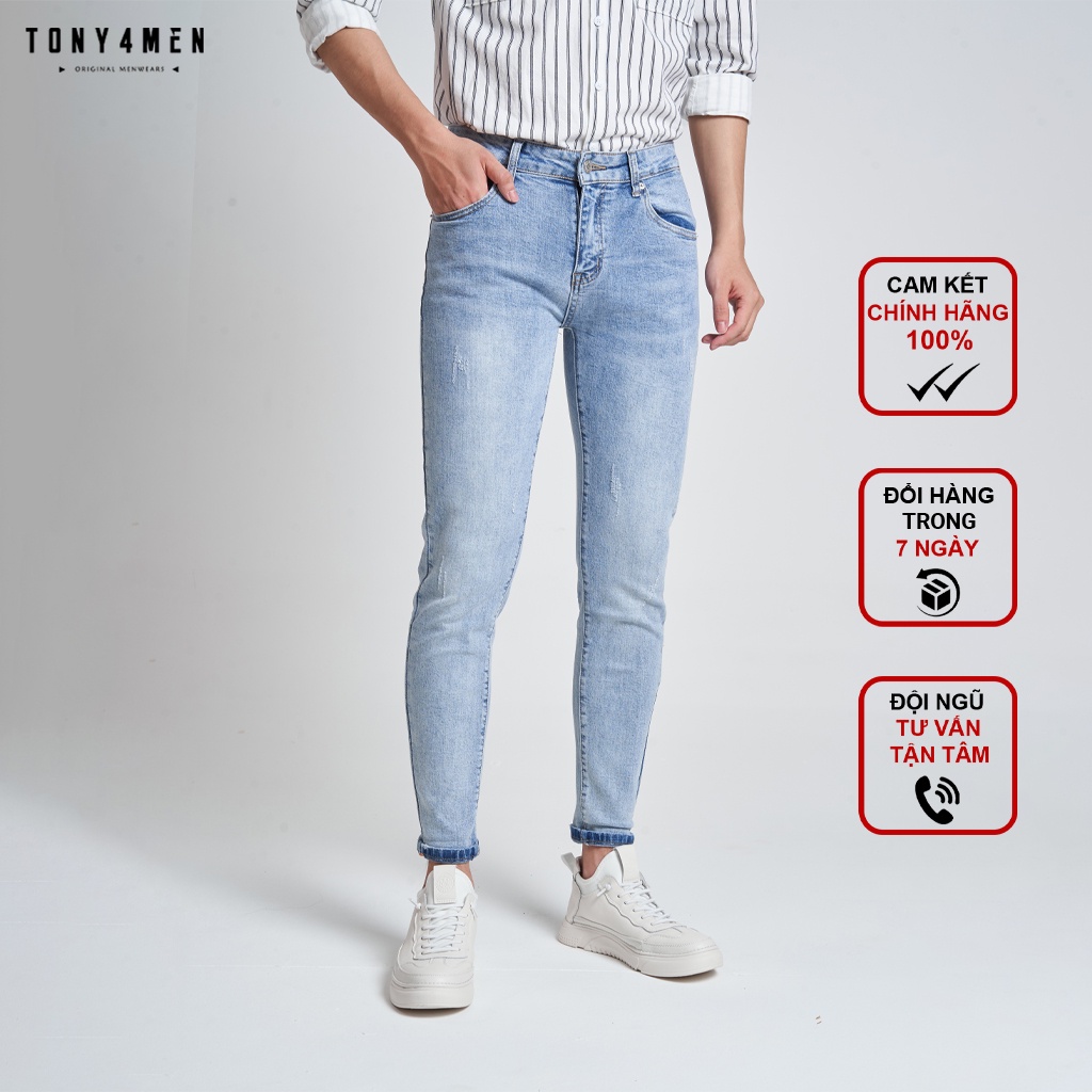 Quần Jeans Nam Chất Bò Đẹp Local Brand TONY4MEN Form Slimfit Màu Xanh Xước QJ1040