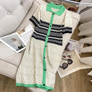 Đầm Dệt Kim Jacquard Phong Cách Retro 198524 Đầm Dáng Chữ a Cổ Polo Màu Sắc Tương Phản Thời Trang Mùa Hè
