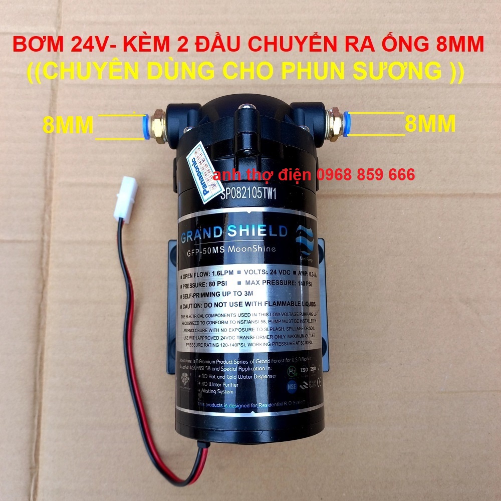 Bộ máy bơm 24v + nguồn cho hệ thống phun sương, máy lọc nước ro