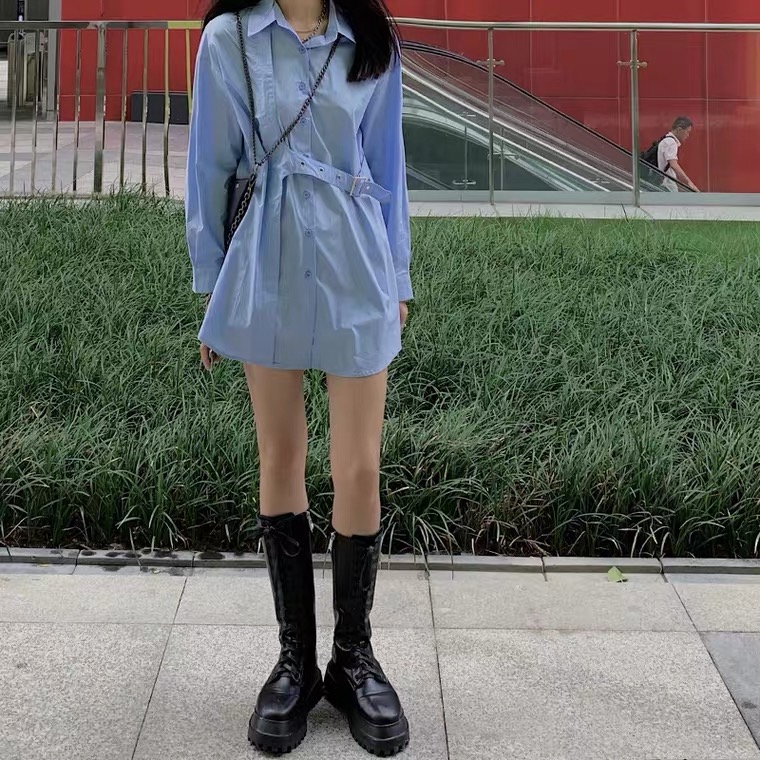 Blue shirt autumn korean loose long sleeve shirt