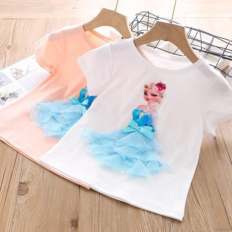 ruiaike  Summer Baby Girls Short Sleeve Shirts Cartoon Frozen Pattern Casual T-Shirts O neck Basic Tee 2-7 Years