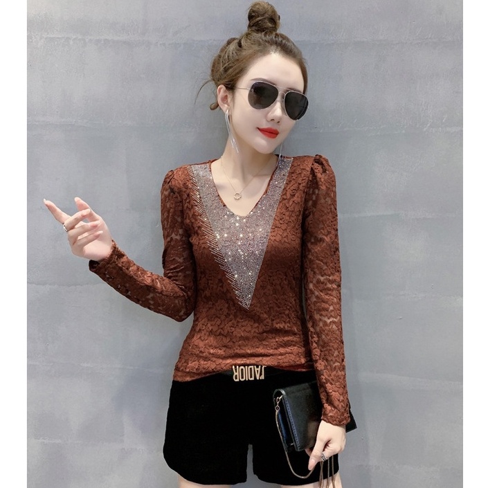 Áo Thun Tay Dài V Ren Đính Đá Phong Cách Mới