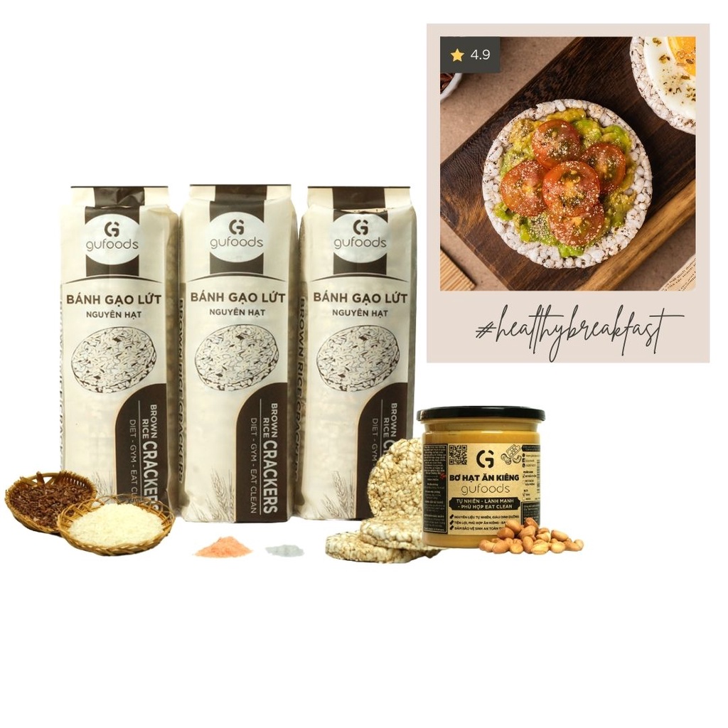 Combo Bánh gạo lứt ăn kiêng (510g/35g) + Các loại topping GUfoods (150g) - Bữa ăn tiện lợi, Giảm cân, Gym, Eat clean