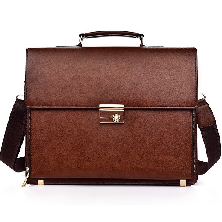 Túi xách cặp da bò khóa số công sở T51 38x30x10cm đựng laptop 14inch (Nâu-Đen)