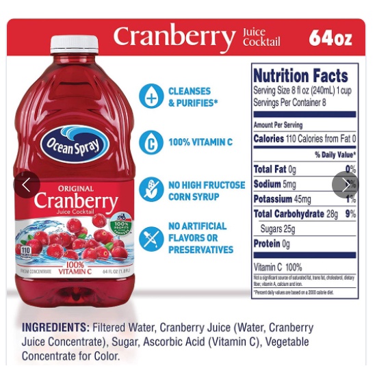 Nước Ép Nam Việt Quất Cranberry Juice Ocean Spray 1,8L