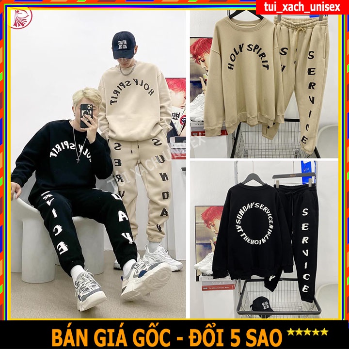 ❤️ SIÊU PHẨM ❤️ bộ nỉ nam nữ thu đông HOLY kèm quần bom phối chữ form rộng kiểu màu nâu đen mặc nhà đi ngủ chất dày dặn
